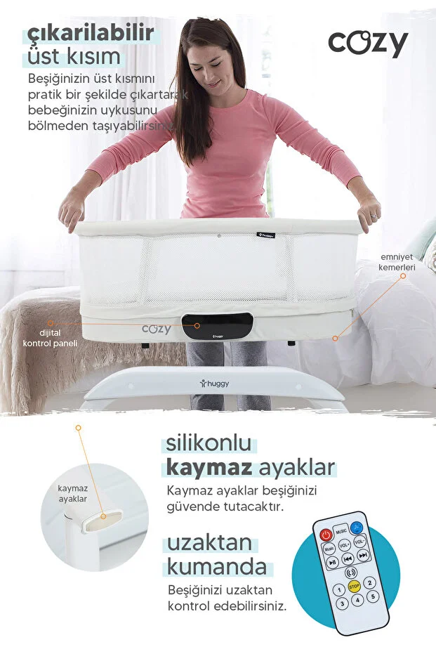 Huggy 4 in 1 Cozy Bluetooth Müzikli Kumandalı Otomatik Sallanabilir Beşik – Portatif